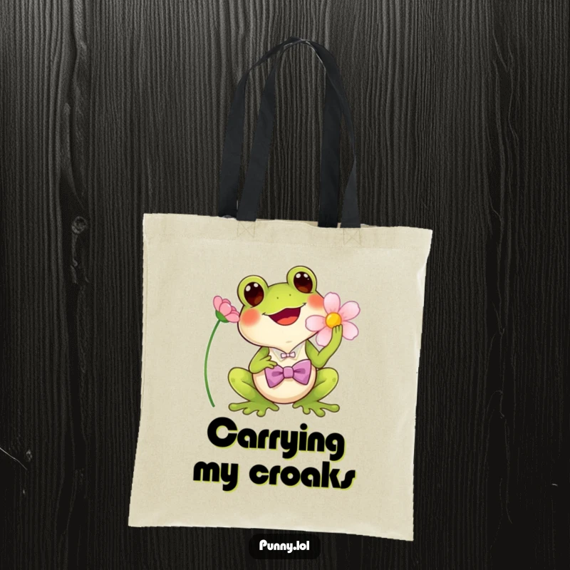 Funny Tote Bag: A canvas bag showcasing a cheerful frog in a tiny bowtie, singing into a flower.