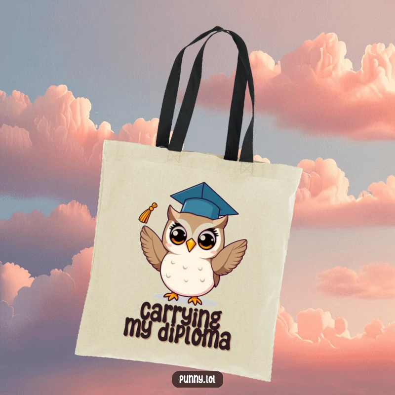 Funny tote bag depicting a proud owl with a graduation cap, tossing its tassel, perfect for carrying books and celebrating success.
