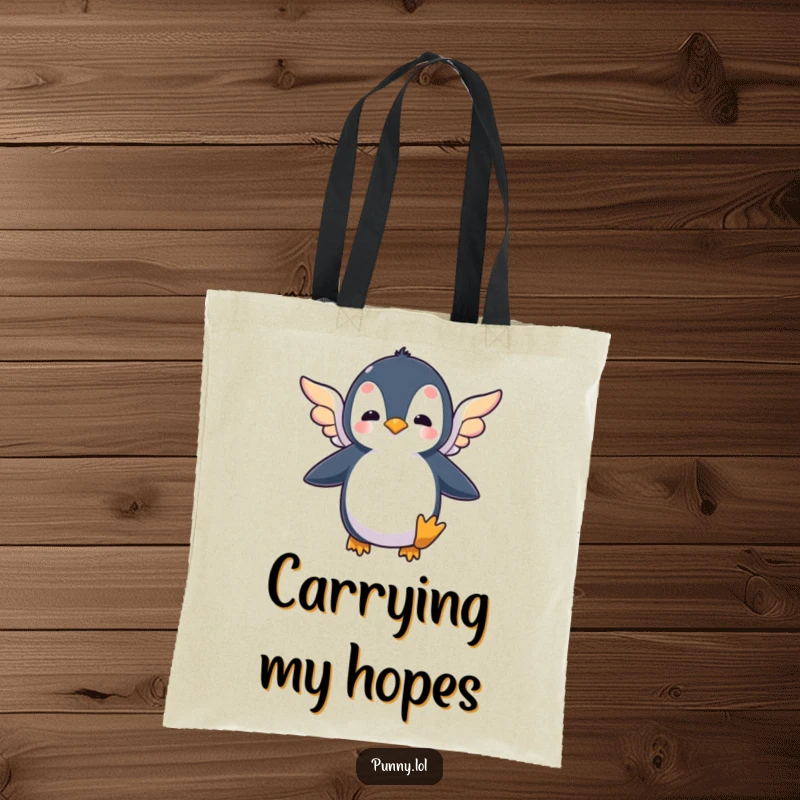 Funny tote bag depicting a silly penguin flapping tiny wings, symbolizing the humorous journey of pursuing dreams.