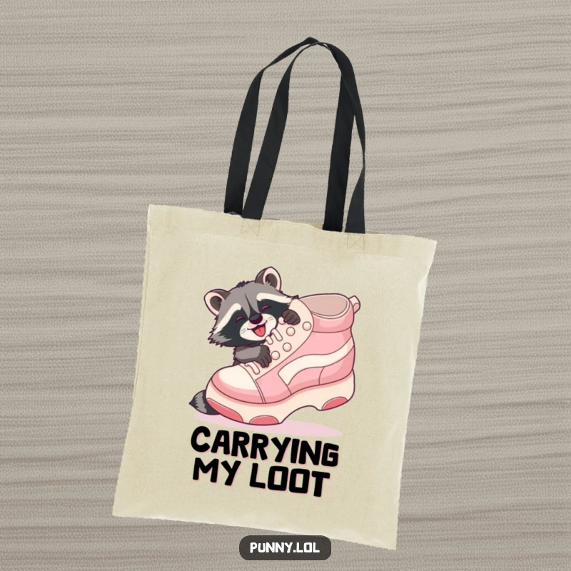 Funny Raccoon Shoe Hug Tote Bag: A playful raccoon gleefully hugs a giant inflatable shoe, ready for shopping.