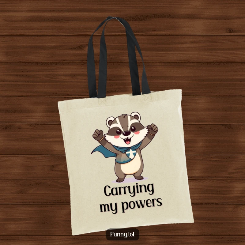Funny tote bag featuring a triumphant badger wearing a superhero cape, striking a heroic pose, ideal for a stylish and empowering accessory.