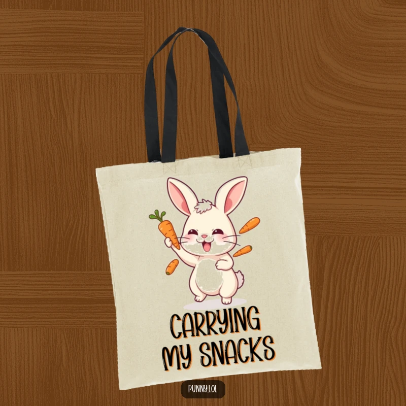 Funny rabbit tote bag illustration of a playful bunny juggling three carrots with intense focus.