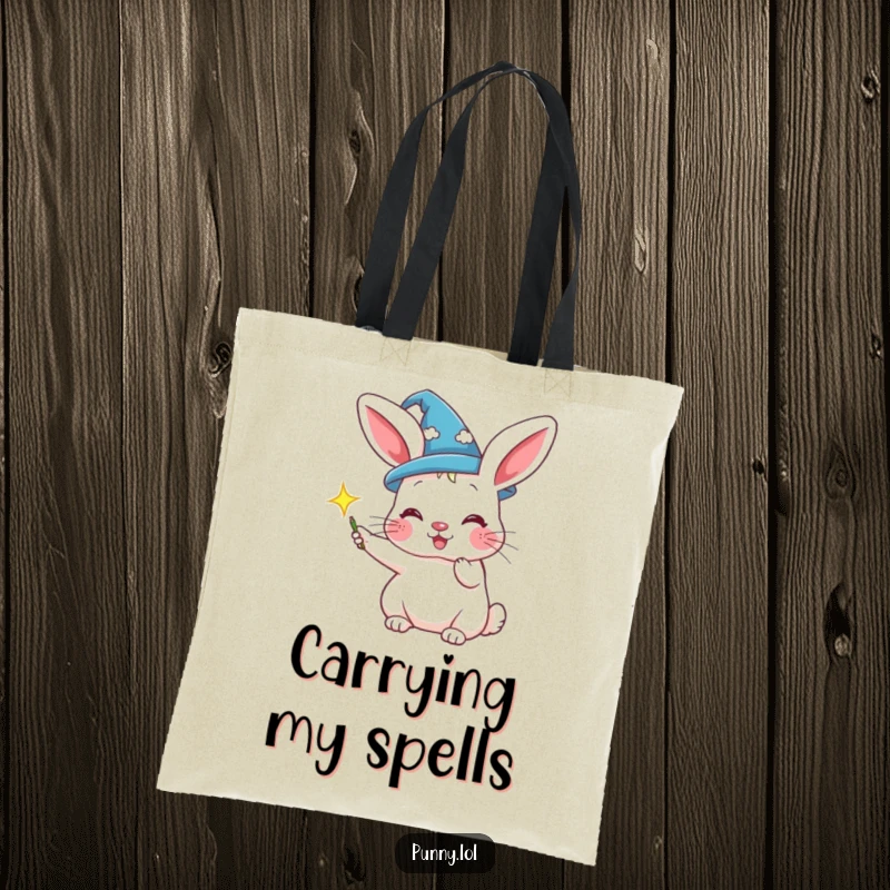 Funny tote bag with a rabbit in a wizard hat conjuring a sparkle, great for carrying magical items.