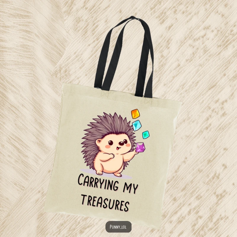 Funny tote bag with a hedgehog skillfully juggling sparkling gems with its quills, perfect for carrying treasures and essentials.