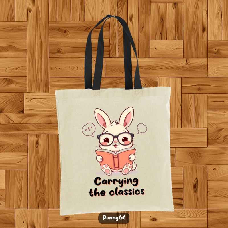 Funny tote bag featuring a cheerful rabbit with glasses, reading a book with amusing word bubbles, perfect for carrying books.