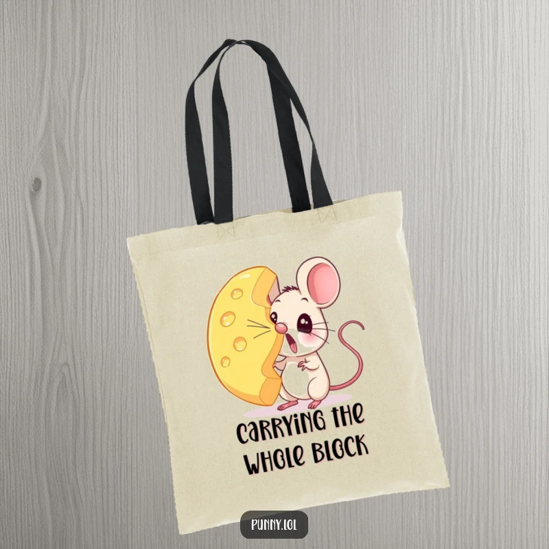Funny mouse tote bag illustrating a surprised rodent trying to balance a massive cheese wheel on its nose.