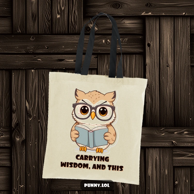 Funny Owl Tote Bag with a surprised owl wearing oversized glasses reading a tiny book, a stylish and funny gift for readers.
