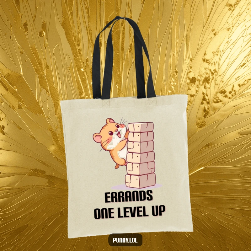 Funny hamster tote bag illustration of a determined rodent climbing a tall block, representing perseverance.