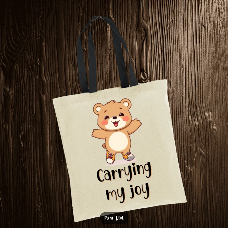 Funny Bear Cub Tote Bag: A beaming bear cub hops joyfully, wearing mismatched shoes and carrying happiness wherever it goes.