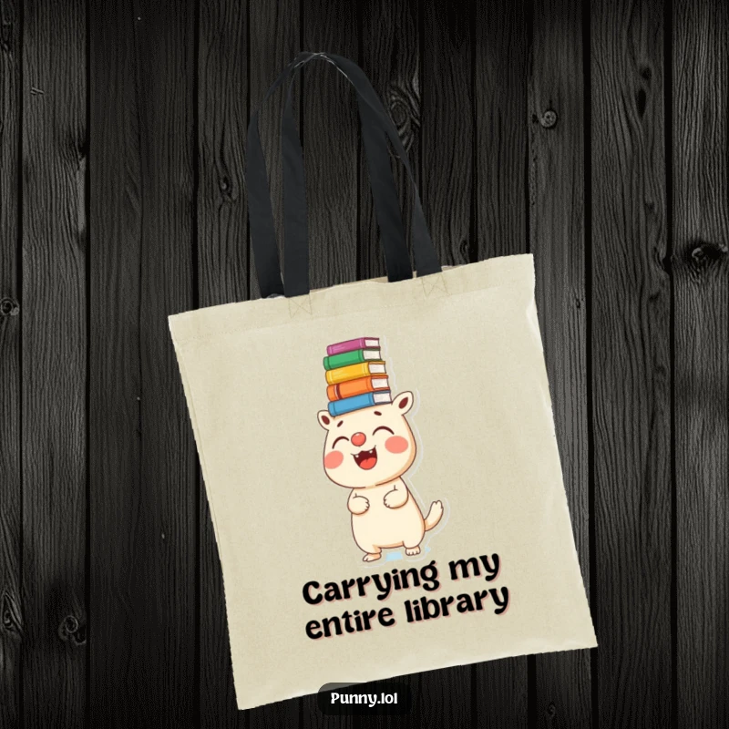 Funny tote bag depicting a joyful creature skillfully balancing a tall stack of books on its nose, ideal for carrying books.