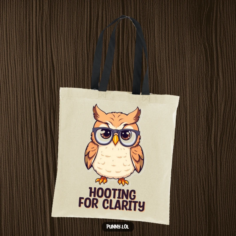 Funny tote bag illustration of a confused owl wearing glasses upside down on its beak, a whimsical and practical accessory.