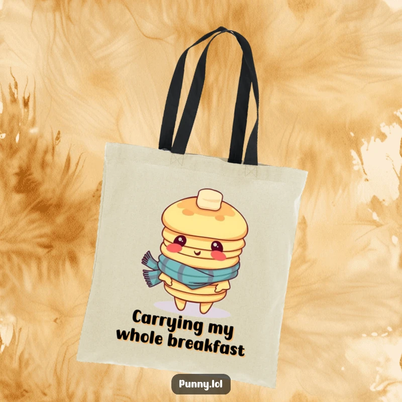 Funny tote bag illustrating a wobbly stack of pancakes wearing a scarf, looking dizzy, perfect for grocery runs or daily essentials.