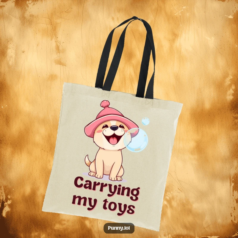 Funny tote bag featuring a happy dog wearing a silly hat, barking at a floating bubble, ideal for a playful and practical accessory.
