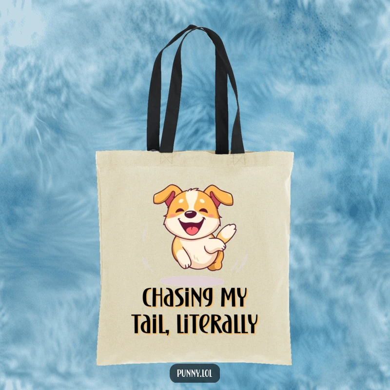 Funny Dog Tote Bag with a happy, dizzy dog chasing its tail in an overjoyed circle, a practical and hilarious gift.
