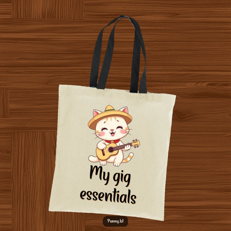 Funny tote bag featuring a smiling cat wearing a tiny sombrero and playing a miniature guitar, perfect for errands.