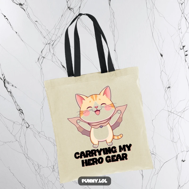 Funny tote bag graphic: a happy cat with a cape and cardboard wings pretends to fly, embodying adventure.