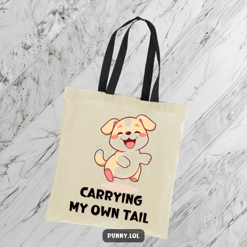 Funny dog tote bag illustration of a happy dog spinning in circles, humorously trying to catch its own tail.
