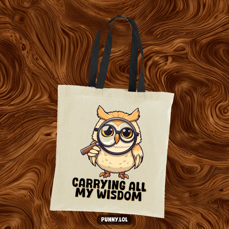 Funny Tote Bag: A grinning owl in a monocle uses a giant magnifying glass, showcasing a humorous and intellectual design, great for a funny gift.