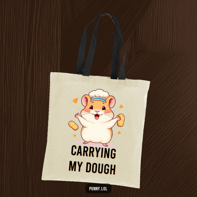 Funny hamster chef tote bag with a hamster in a chef hat juggling bread. Practical and comical.