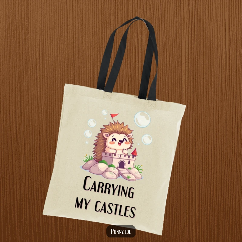 Funny tote bag with a happy hedgehog constructing a castle made of iridescent bubbles, ideal for carrying daily items.