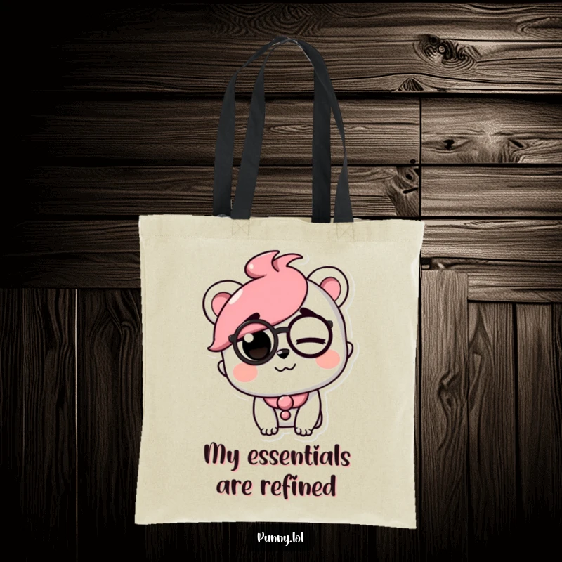 Funny tote bag showcasing a playful character wearing a monocle and winking with a raised eyebrow, a stylish accessory.