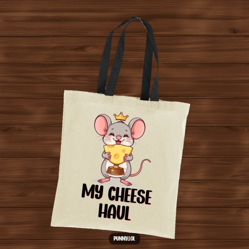 Funny Mouse Tote Bag: A triumphant mouse victoriously holds a giant cheese wedge trophy, perfect for carrying your wins.