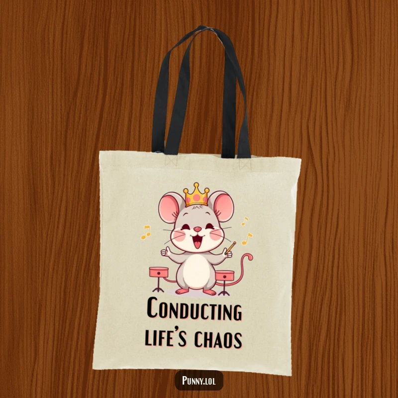 Funny mouse wearing a crown, conducting an orchestra on a reusable tote bag, perfect for carrying music or groceries.