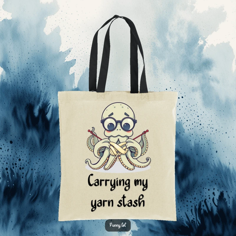Durable tote bag illustrated with a funny, confused octopus in glasses attempting to knit, ideal for carrying supplies humorously.