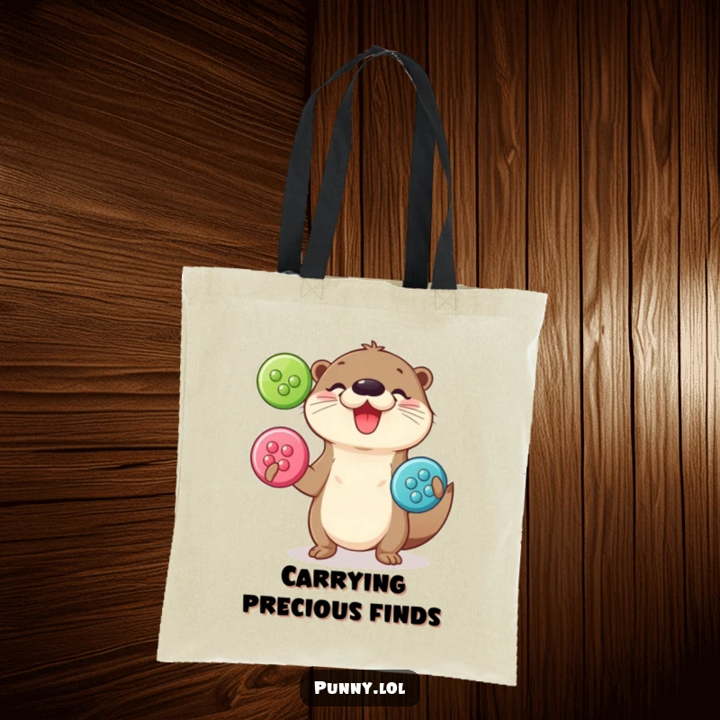 Funny Tote Bag: A canvas bag showcasing a playful otter delightedly juggling large buttons.