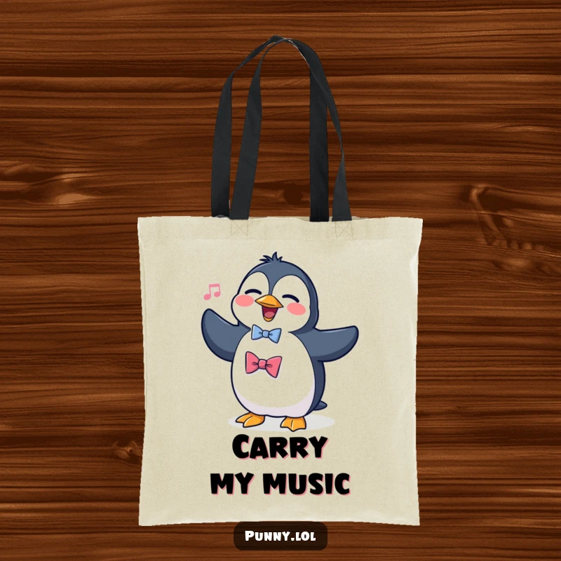 Funny tote bag featuring a silly penguin wearing a bowtie, attempting to sing opera, ideal for a stylish and humorous accessory.