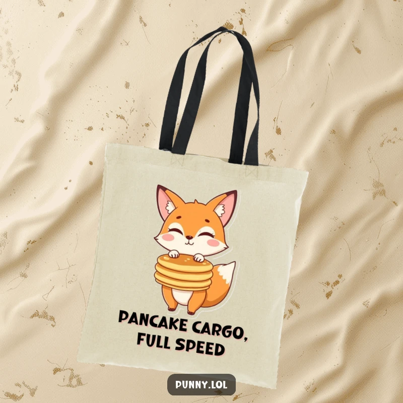 Funny fox winking while balancing a stack of pancakes on a reusable tote bag, a whimsical and practical accessory.