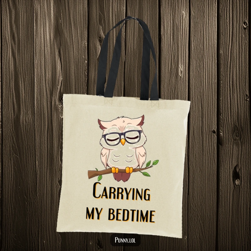 Funny tote bag featuring a sleepy owl with reading glasses dozing on a branch, perfect for book lovers who enjoy a good nap.