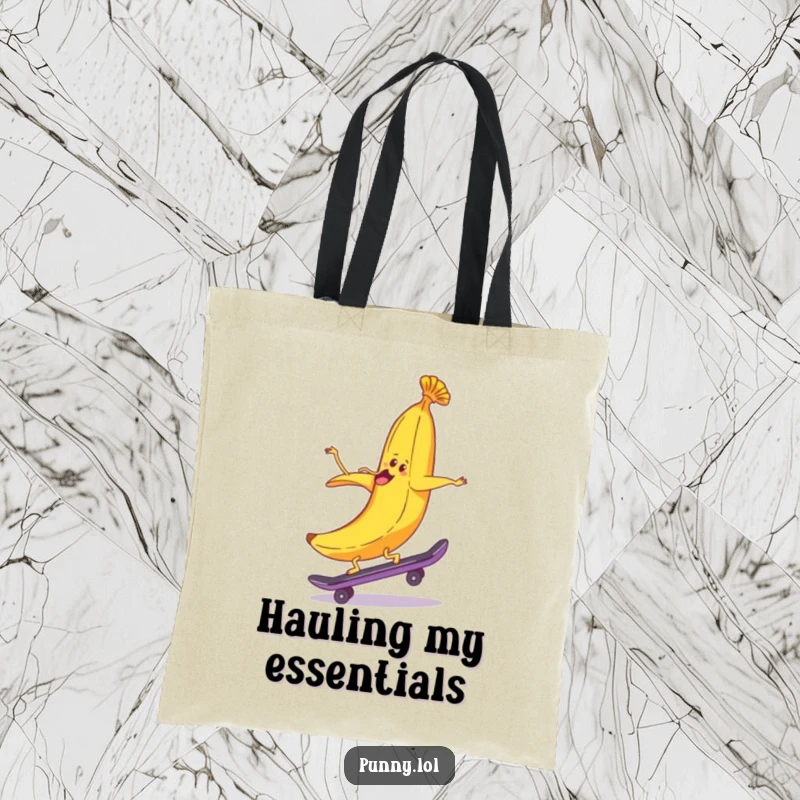 Durable tote bag illustrated with a funny banana peel riding a skateboard backwards, perfect for carrying items humorously.