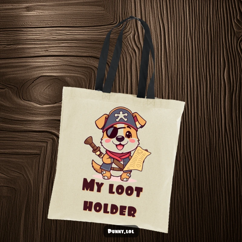 Funny tote bag depicting a pirate dog with a hat and map, ready to carry daily treasures and essentials with a smile.