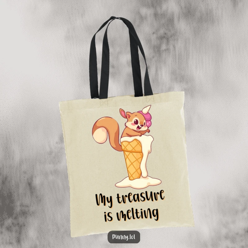 Funny Squirrel Tote Bag with a determined squirrel trying to climb a giant, melting ice cream cone, a practical and funny gift.